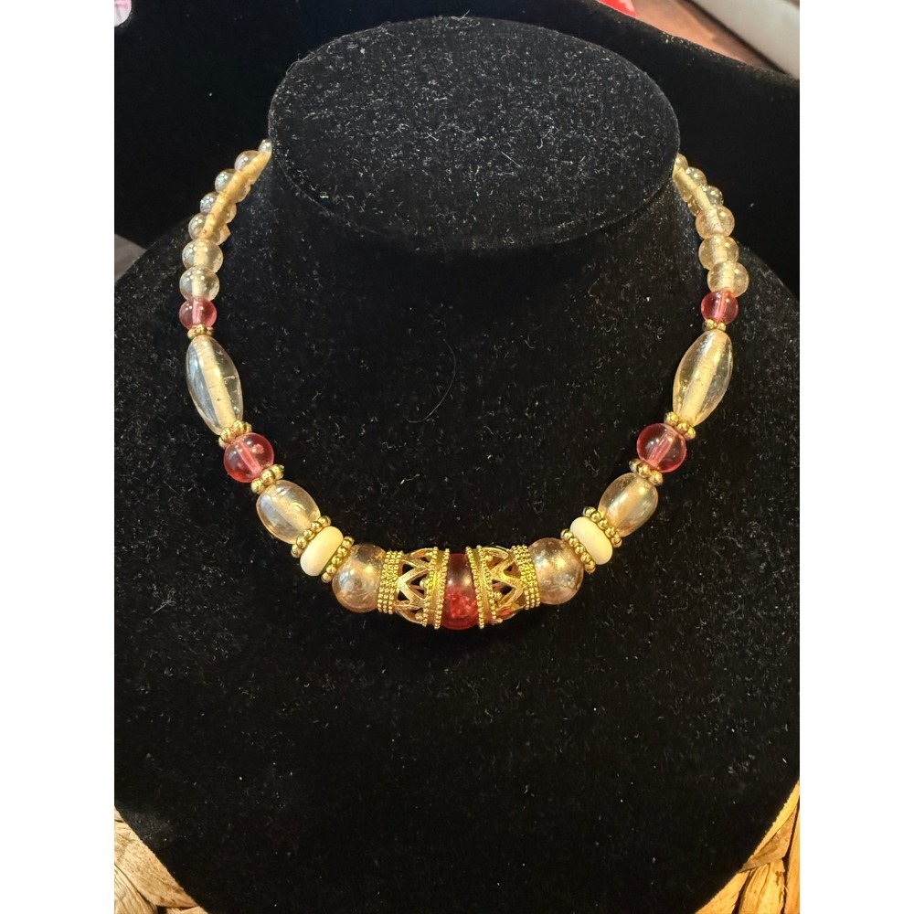 1928 Jewelry Co Vintage Gold Tone Amber Red Glass Bead Filigree Choker Necklace